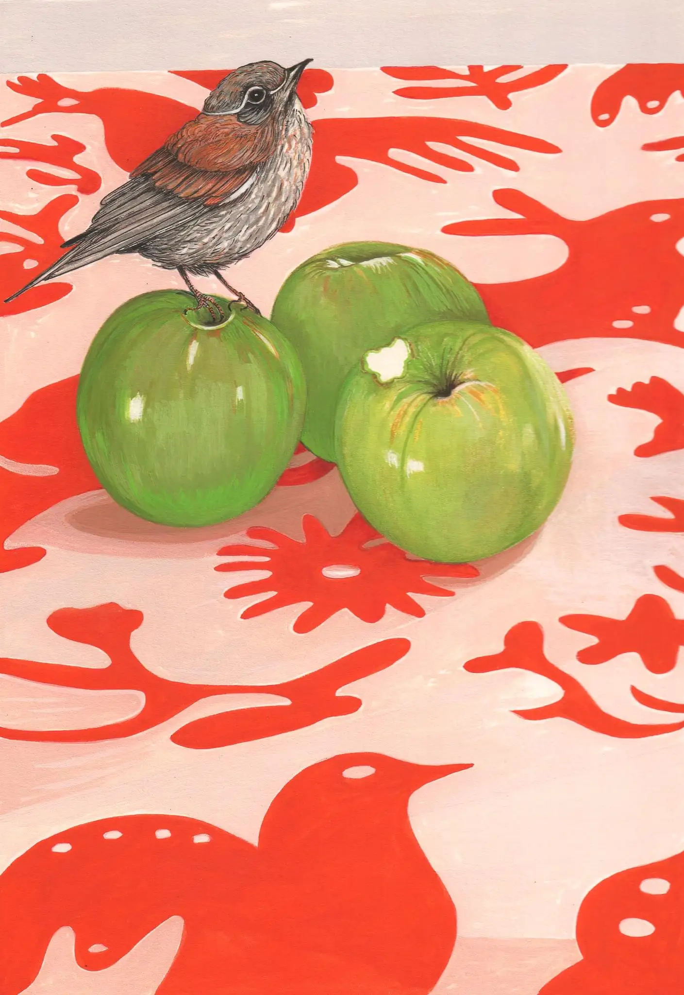 Scott_Gwen_Grey shrike-thrush with granny apples,goauche&pencil,2022 copy 3
