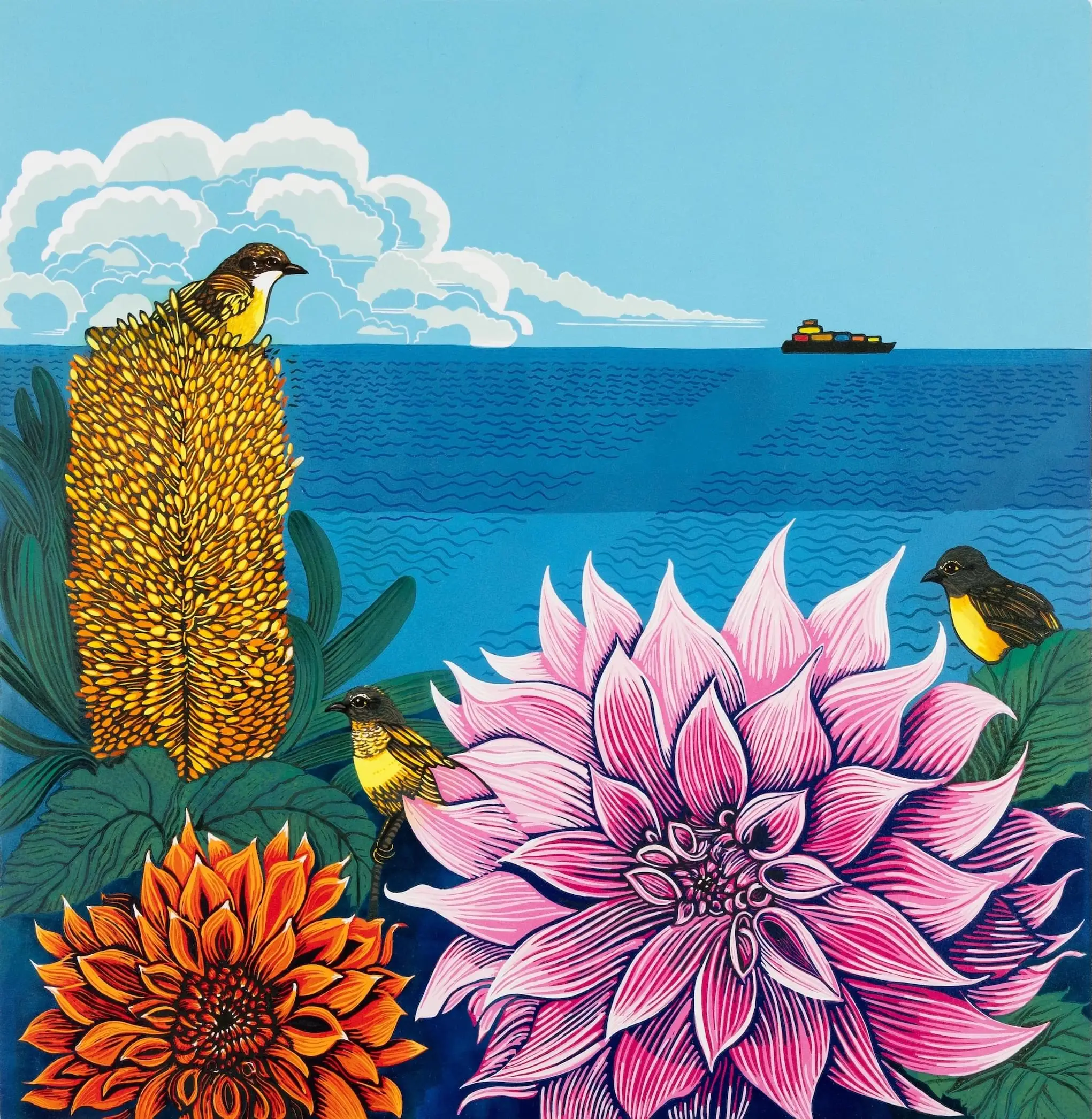Gwen_Scott,Where the garden meets the sea,reduction linocut,45(h)x44(w)cm,2026