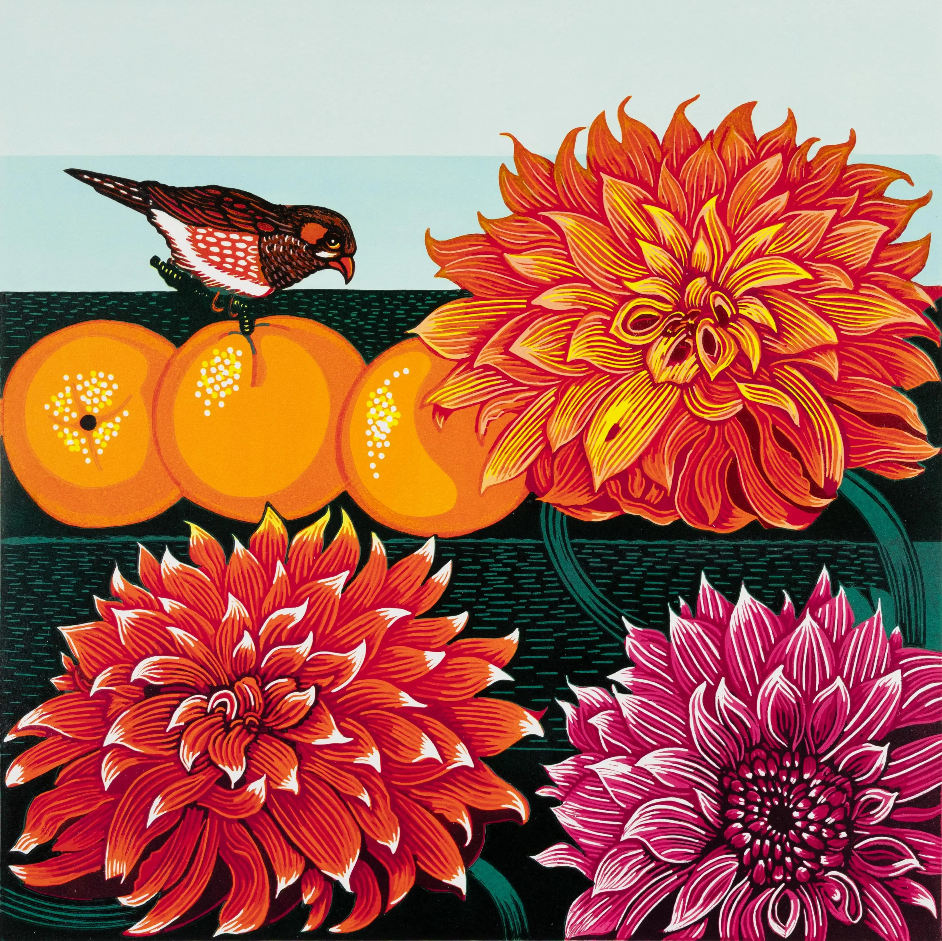 Scott-Gwen,Dahlias & finch,reduction linocut,30x30cm, 2025